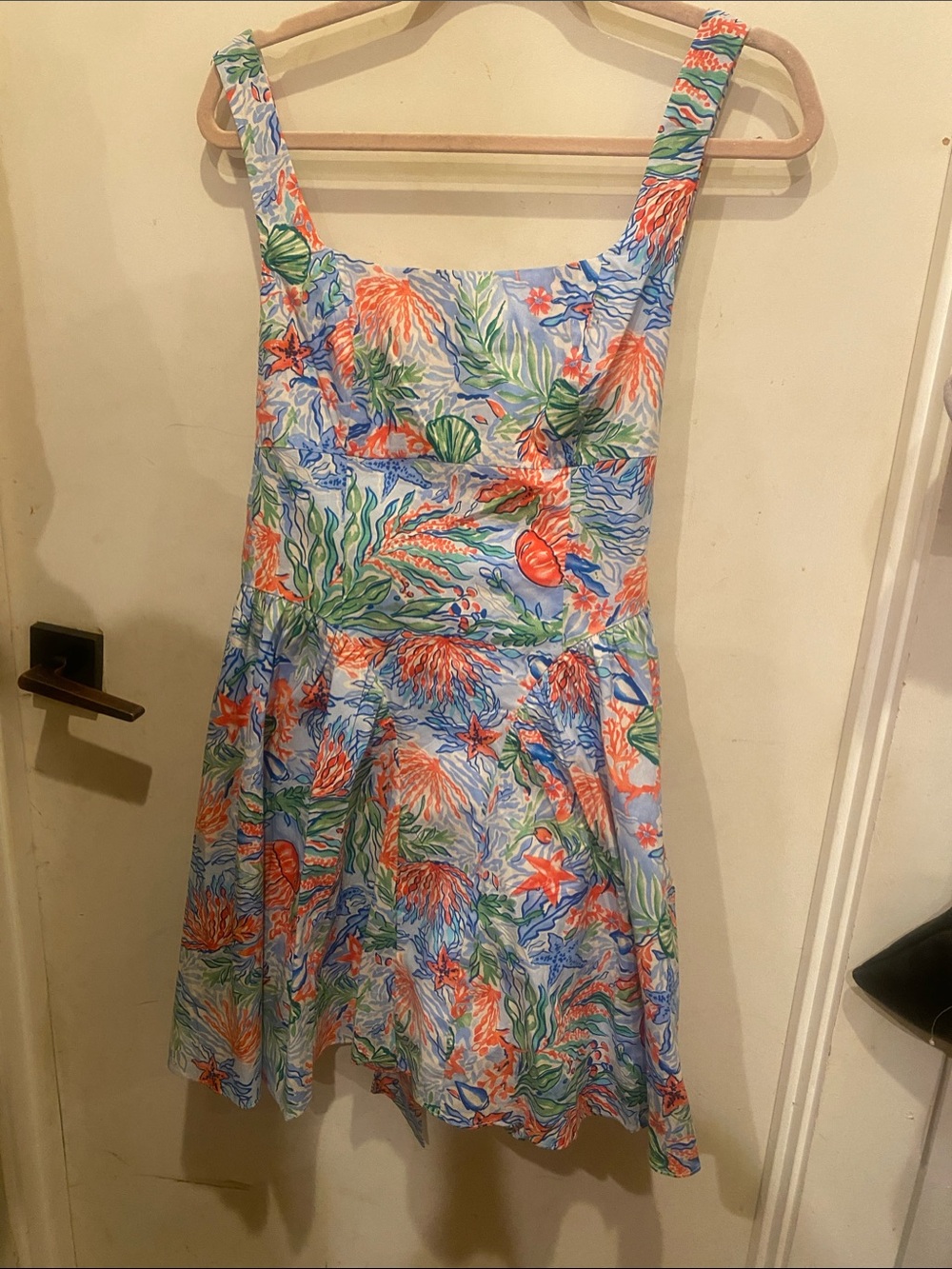 Invicta Light Blue Tropical Print Sundress with Coral & Green Accents